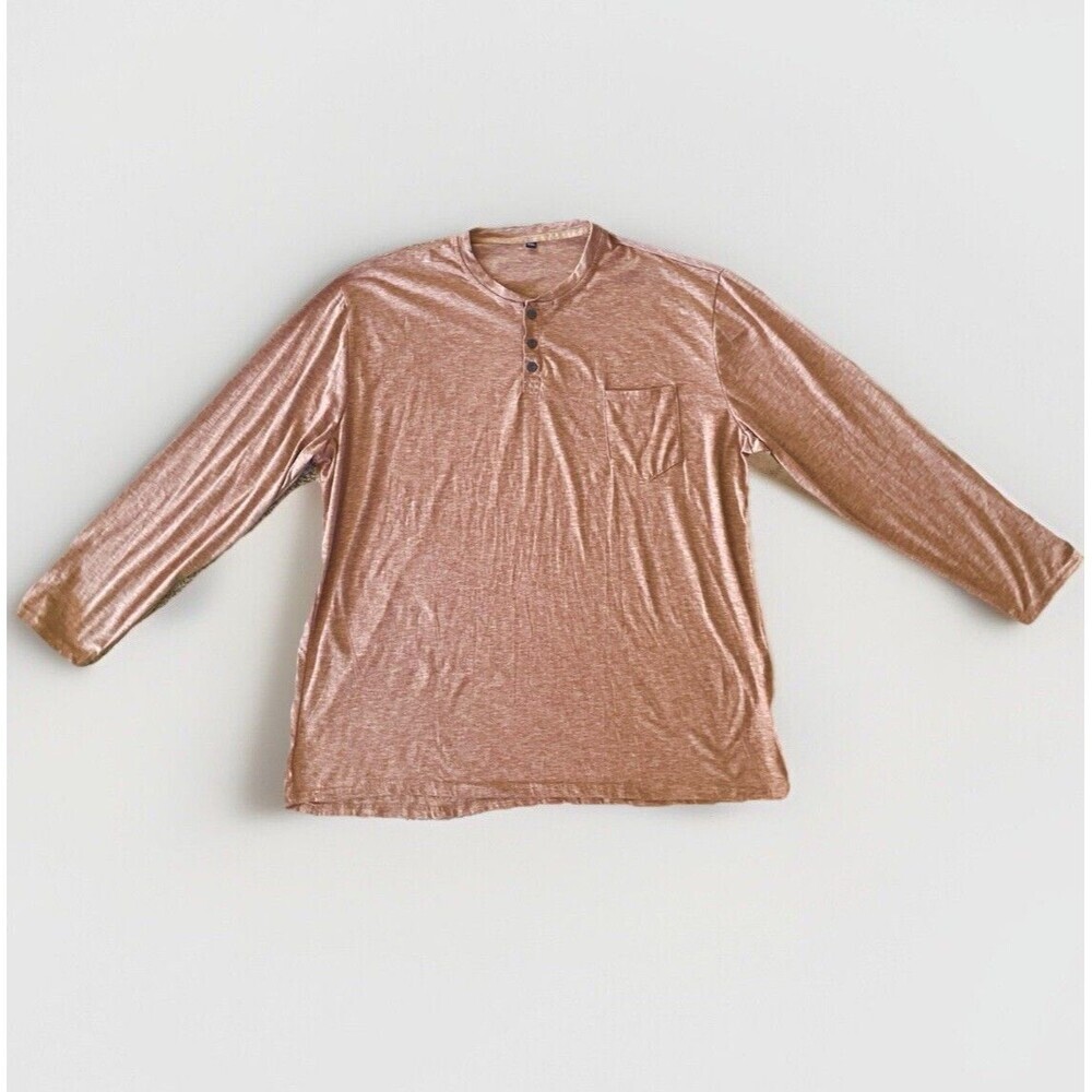 Long Sleeve Henley Shirt Men‎ 3XL Brown Heather Crewneck Pocket Soft Stretch